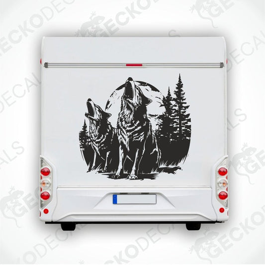 A black and white image of two wolves howling in a forest, applied as a decal on the side of a white vehicle.
