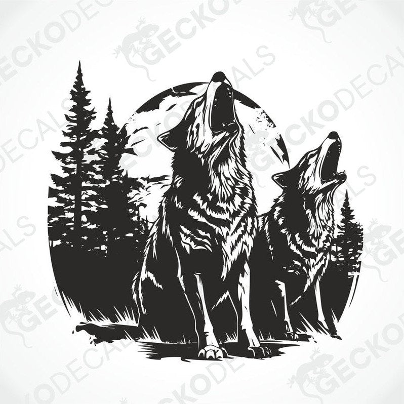 A black and white image of two wolves howling in a forest, applied as a decal on the side of a white vehicle.