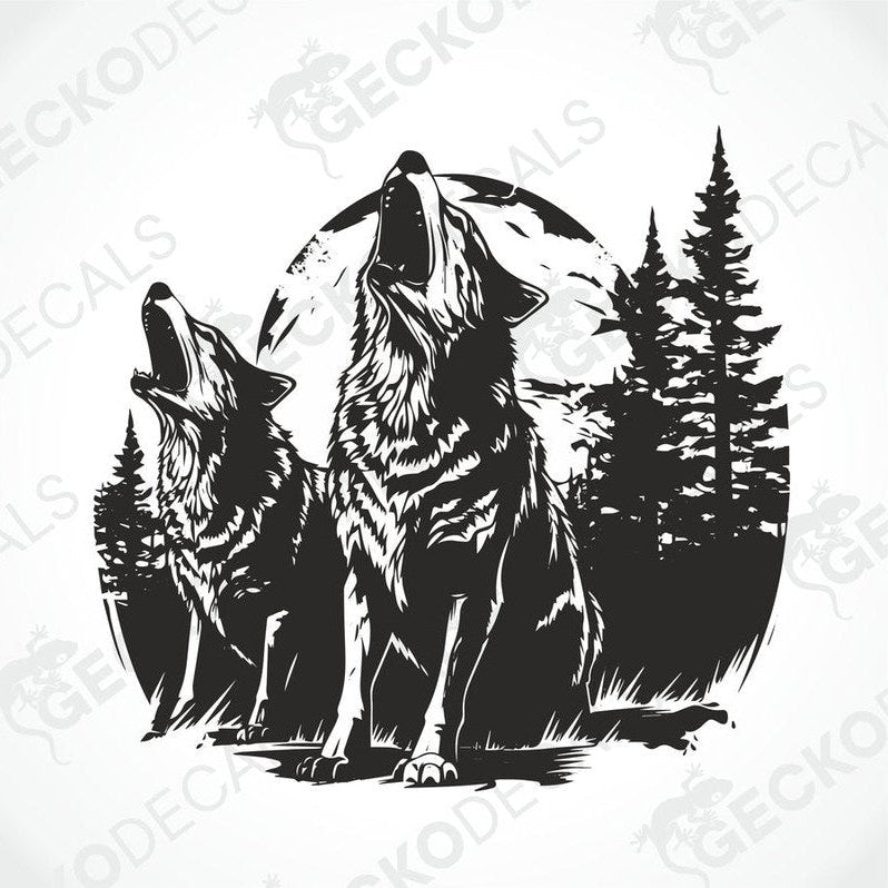A black and white image of two wolves howling in a forest, applied as a decal on the side of a white vehicle.