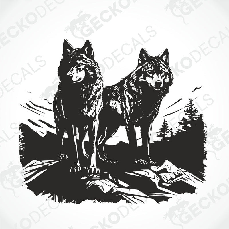 A black die cut decal of two wolves on the edge of a cliff, intended for use on vehicles or other surfaces.