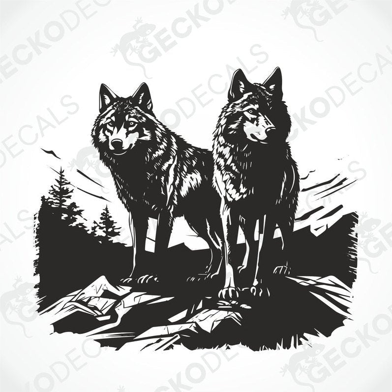 A black die cut decal of two wolves on the edge of a cliff, intended for use on vehicles or other surfaces.