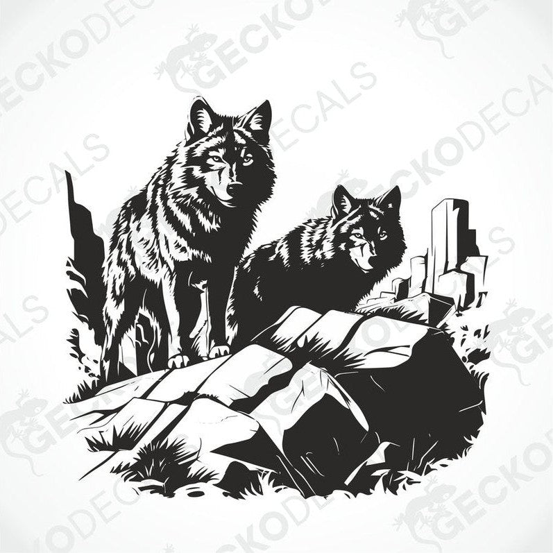 A black and white image of two wolves howling in a forest, applied as a decal on the side of a white vehicle.
