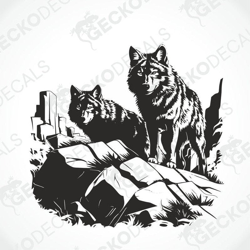 A black and white image of two wolves howling in a forest, applied as a decal on the side of a white vehicle.