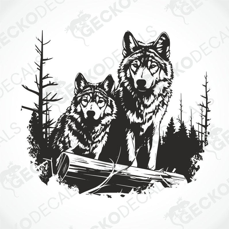 A decal featuring two black and white wolves walking in a forest.