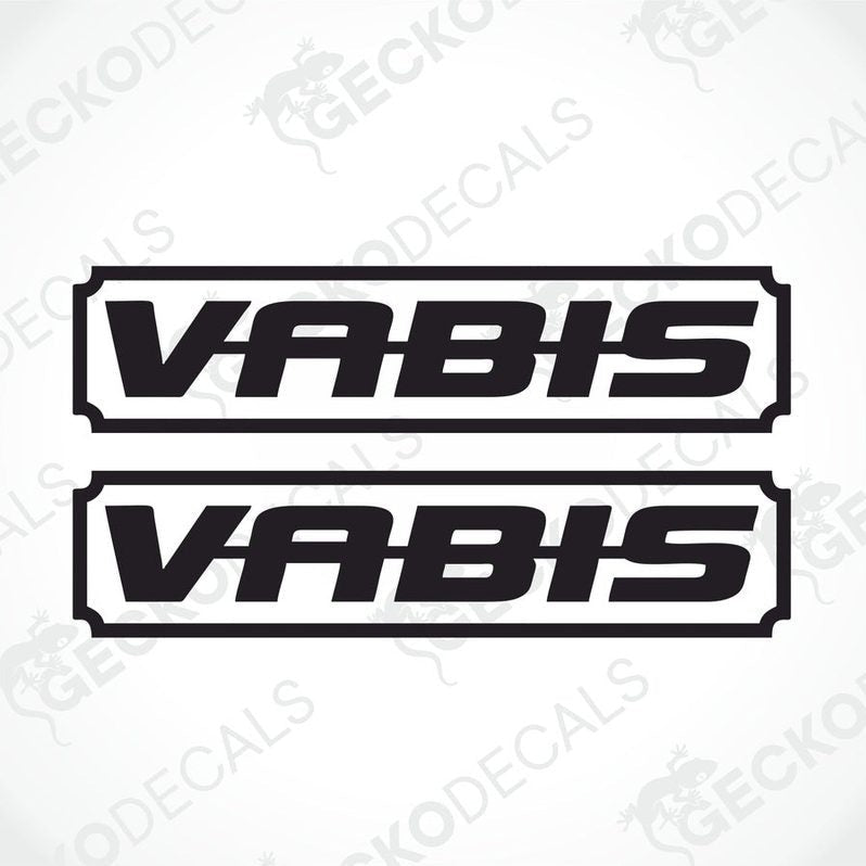 Two black and white VABIS brand decals on a light background