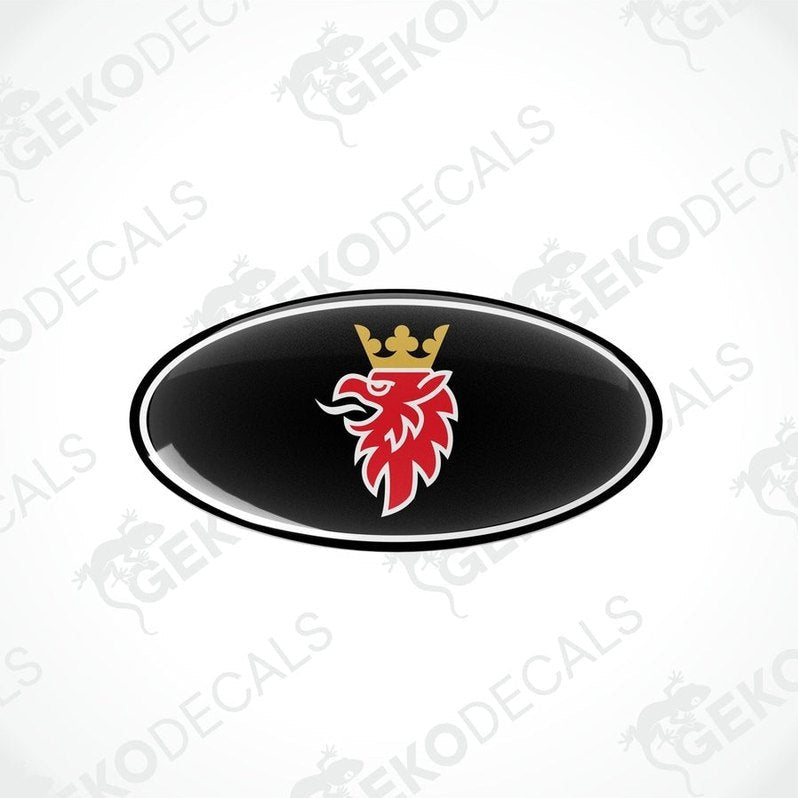 Black, red, and white car decals with a design that includes a crown and a stylized bird.