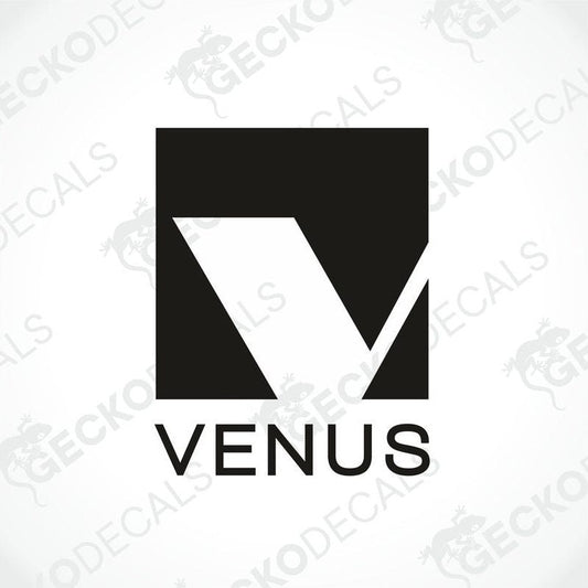 Black and white VENUS die cut decal with geometric V logo for car or caravan interior exterior