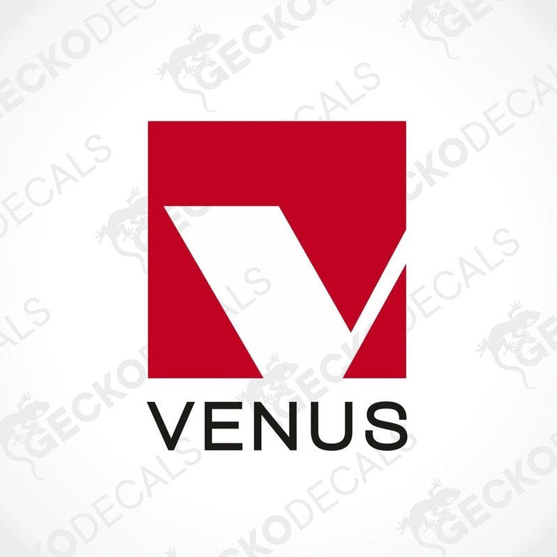 Red VENUS die cut decal with white V logo on transfer paper for car or caravan