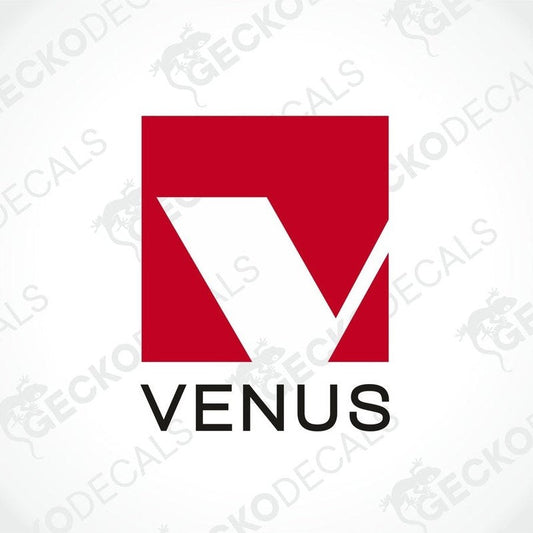 Red VENUS die cut decal with white V logo on transfer paper for car or caravan