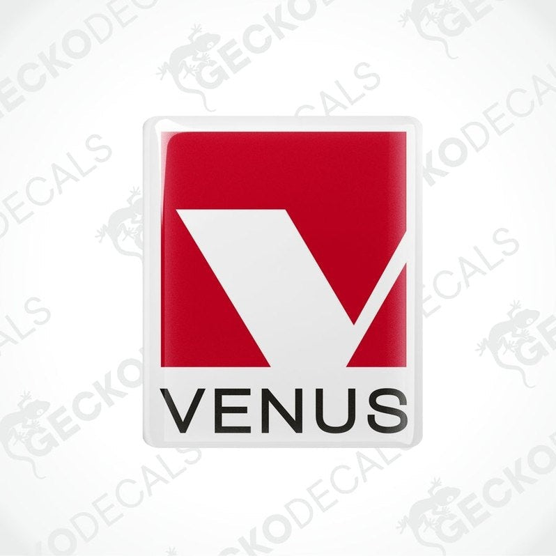Red VENUS epoxy resin vinyl decal with domed finish and white V logo