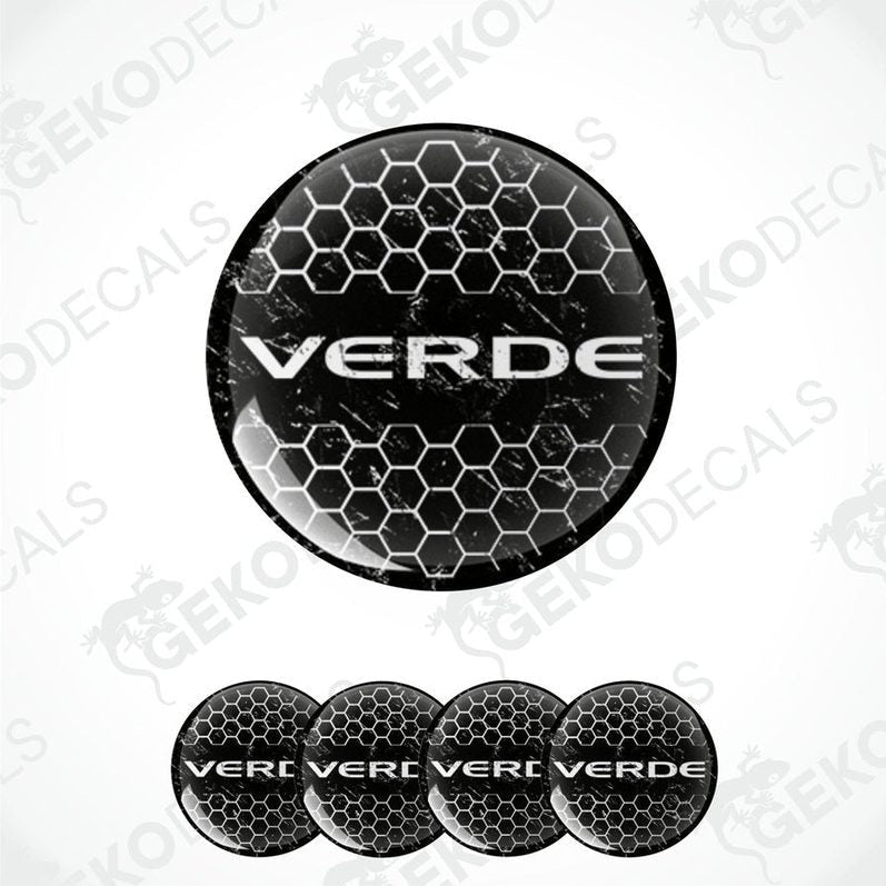 A set of black and white vinyl decals with the brand name VERDE on them, designed for use as car wheel decals.