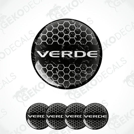 A set of black and white vinyl decals with the brand name VERDE on them, designed for use as car wheel decals.