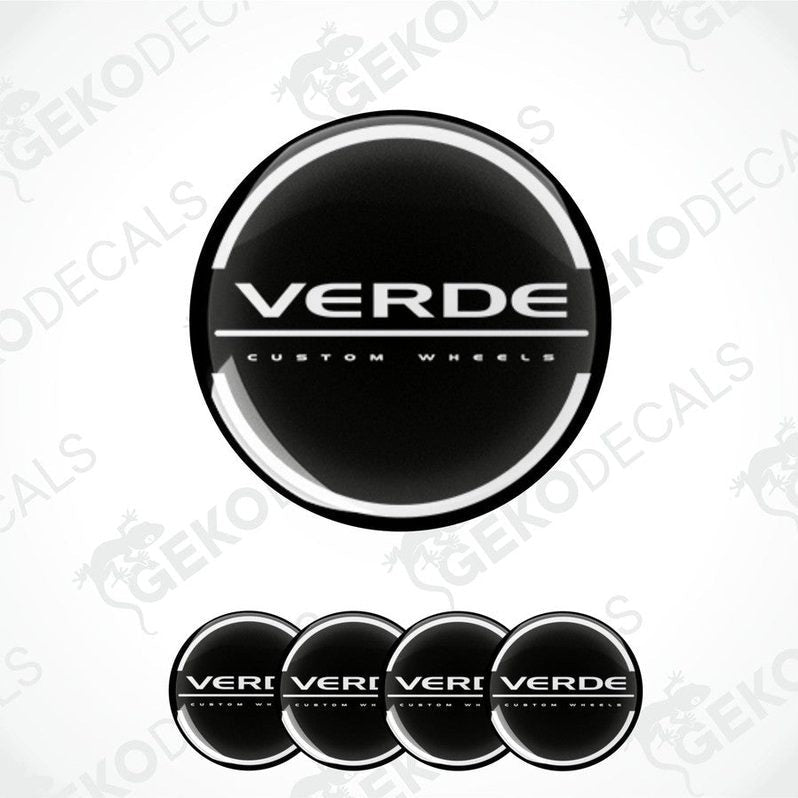 A set of four black, white, and green vinyl stickers with the text 'WERDE' and 'Custom Wheel' on a white background.
