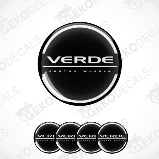 A set of four black, white, and green vinyl stickers with the text 'WERDE' and 'Custom Wheel' on a white background.