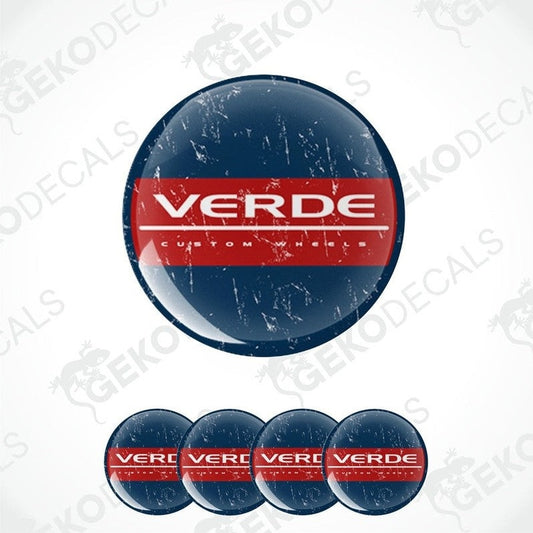 A set of four round vehicle decals with the name 'VERDE' and some graphical elements in red and blue colors.