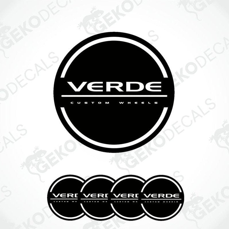A set of four black, white, and green vinyl stickers with the text 'WERDE' and 'Custom Wheel' on a white background.