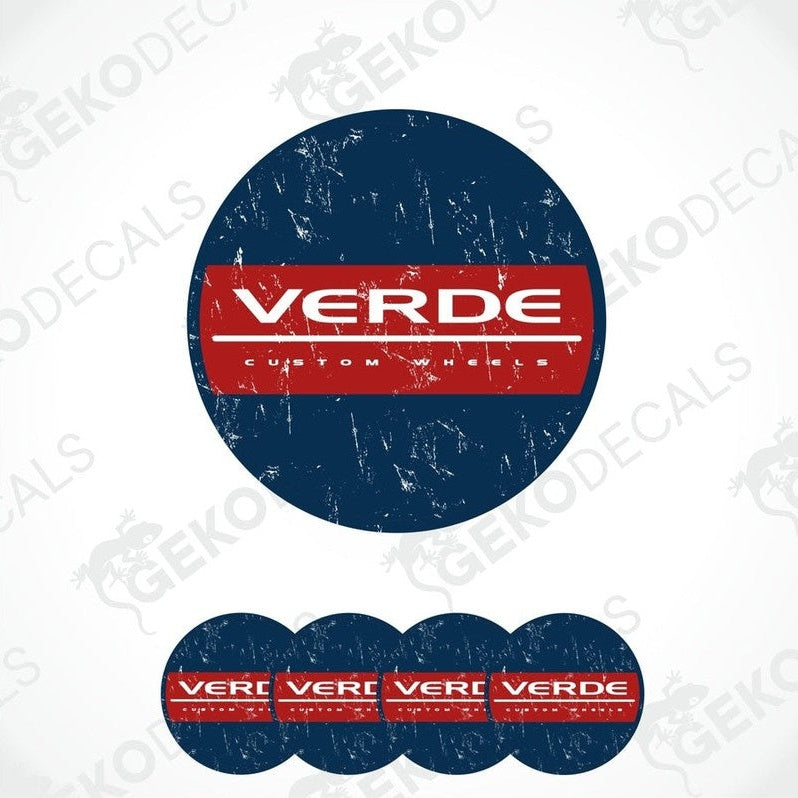 A set of four round vehicle decals with the name 'VERDE' and some graphical elements in red and blue colors.