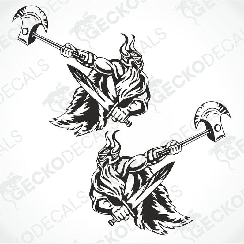 Two black decals of a Viking with a sword, one for the right side and one for the left, on a WITHE background.
