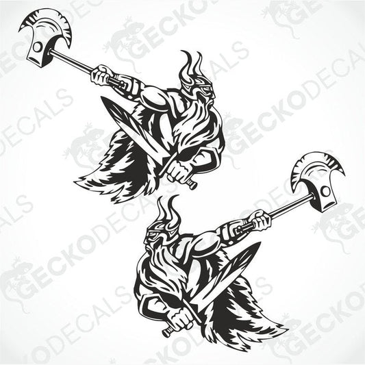 Two black decals of a Viking with a sword, one for the right side and one for the left, on a WITHE background.