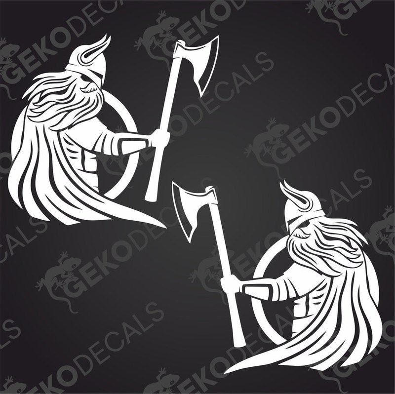 Two white decal stickers depicting a Viking figure with a axe, designed for use on vehicles.