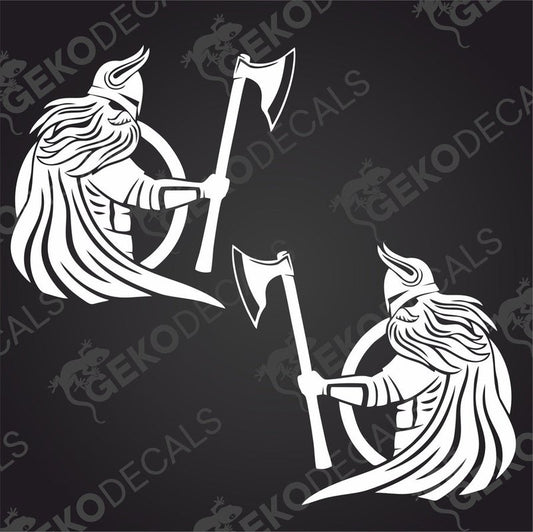Two white decal stickers depicting a Viking figure with a axe, designed for use on vehicles.