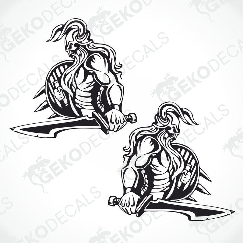 Two black and white decals of a Viking with a sword, designed for use on a truck.