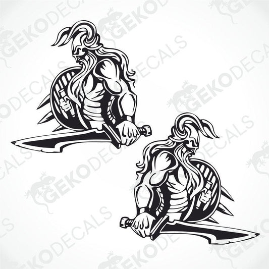 Two black and white decals of a Viking with a sword, designed for use on a truck.