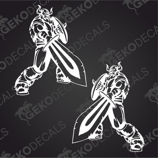 Two black decals of a Viking with a sword, one for the right side and one for the left, on a dark background.