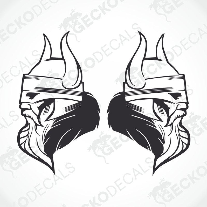 Two black and white sticker designs depicting Viking helmets with horns.