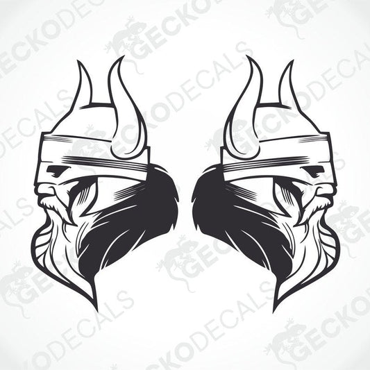 Two black and white sticker designs depicting Viking helmets with horns.