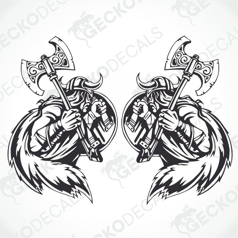 Two black and white stickers depicting a Viking with a helmet and holding a axe.
