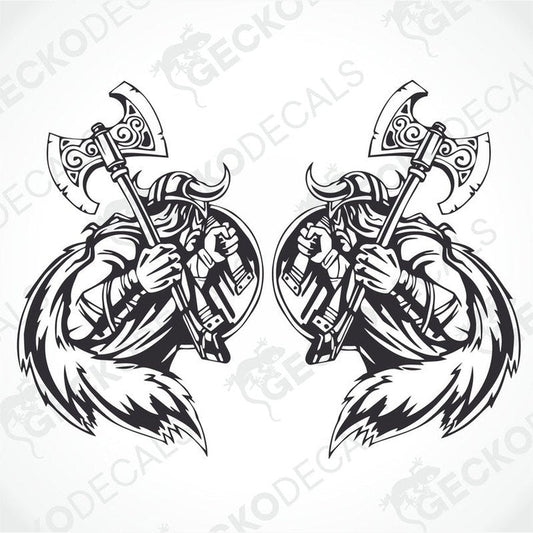 Two black and white stickers depicting a Viking with a helmet and holding a axe.