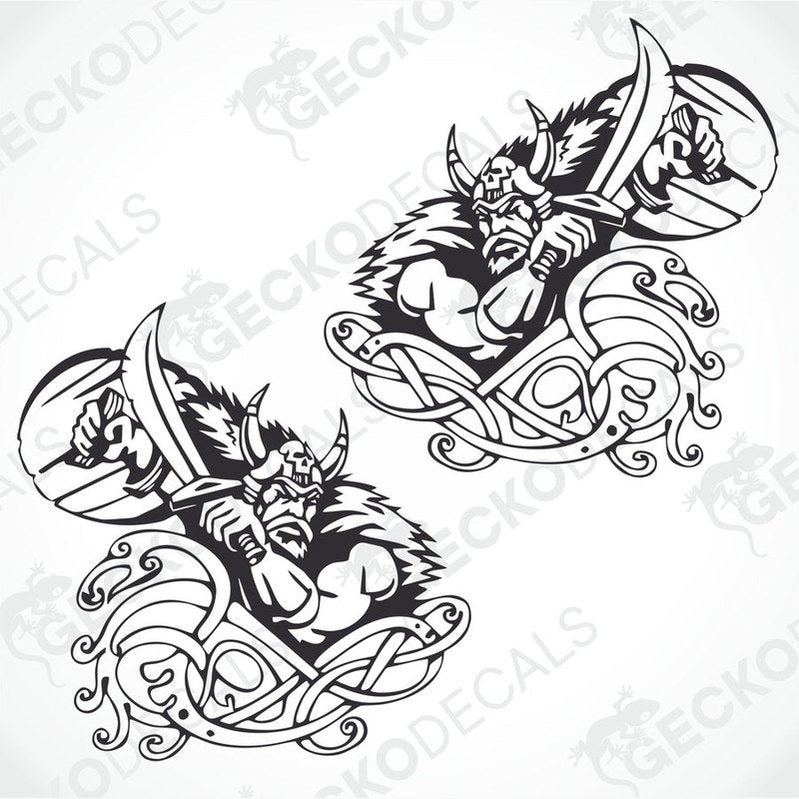 Two black and white decal stickers with a Viking warrior design, suitable for use on vehicles