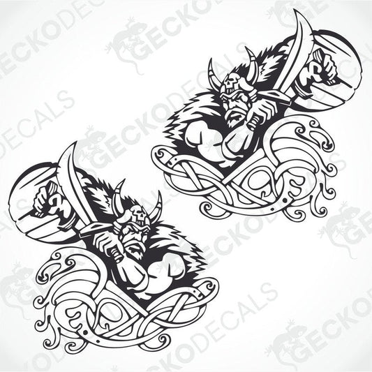 Two black and white decal stickers with a Viking warrior design, suitable for use on vehicles