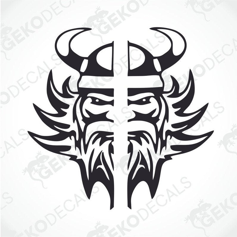 A decal featuring two symmetrical Viking helmet designs with horn-like protrusions and stylized facial features.