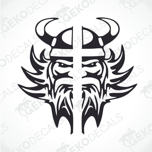 A decal featuring two symmetrical Viking helmet designs with horn-like protrusions and stylized facial features.