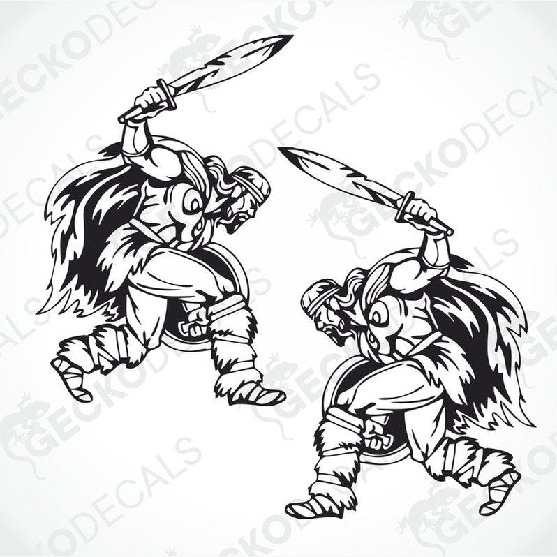 Two black and white decals of a Viking with a sword, designed for use on a truck.