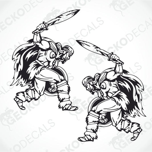 Two black and white decals of a Viking with a sword, designed for use on a truck.