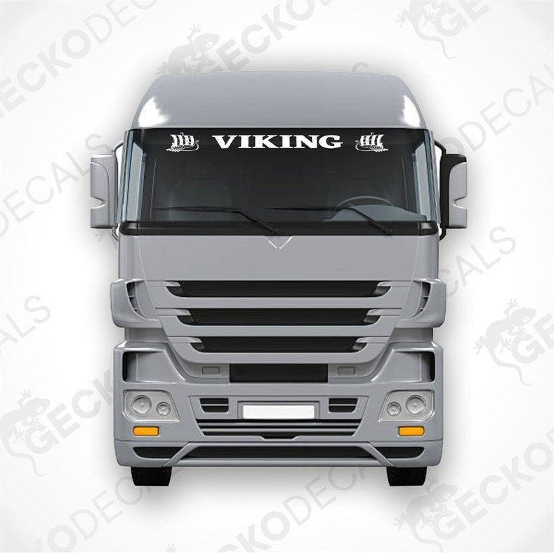 A front view of a truck with a 'Viking' brand decal on the windscreen.