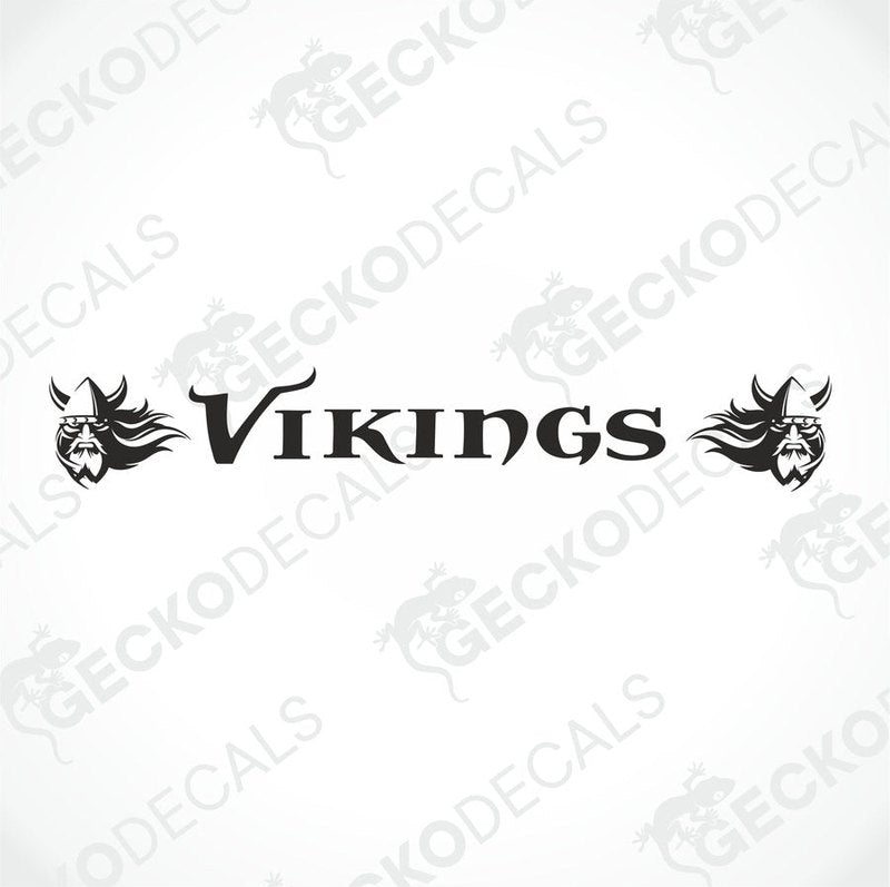 A die cut decal with the text 'Vikings' displayed on the upper part of a truck's windscreen. The decal features a Viking helmet design.