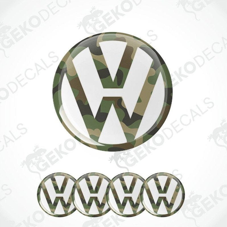 A set of four vinyl decals with a camouflage pattern, designed to be stickers for a car. They feature the iconic Volkswagen 'VW' logo.