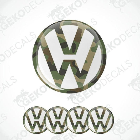A set of four vinyl decals with a camouflage pattern, designed to be stickers for a car. They feature the iconic Volkswagen 'VW' logo.
