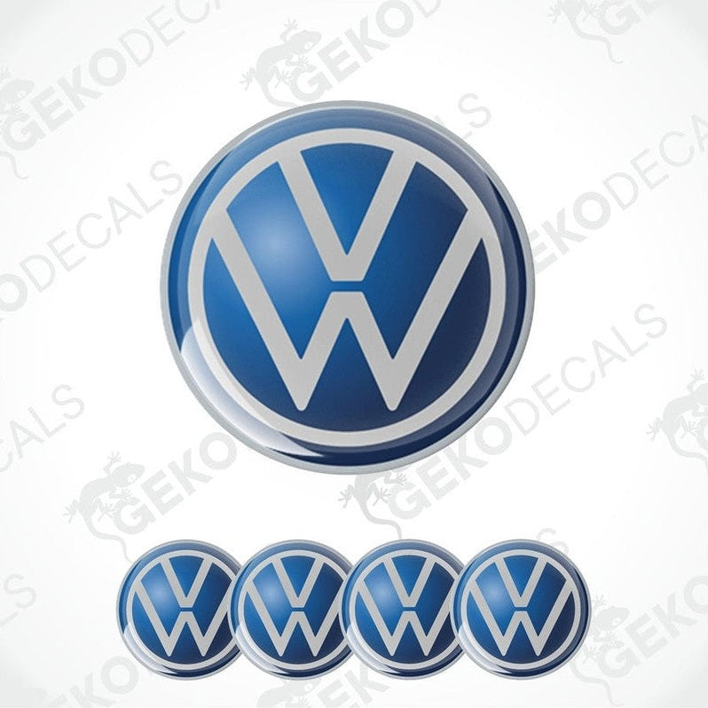 A set of blue vinyl decals with the Volkswagen logo, including one large decal and four smaller ones.