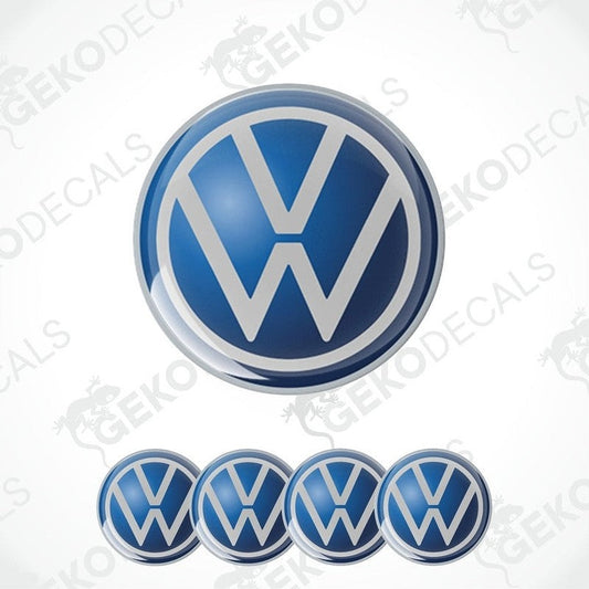 A set of blue vinyl decals with the Volkswagen logo, including one large decal and four smaller ones.