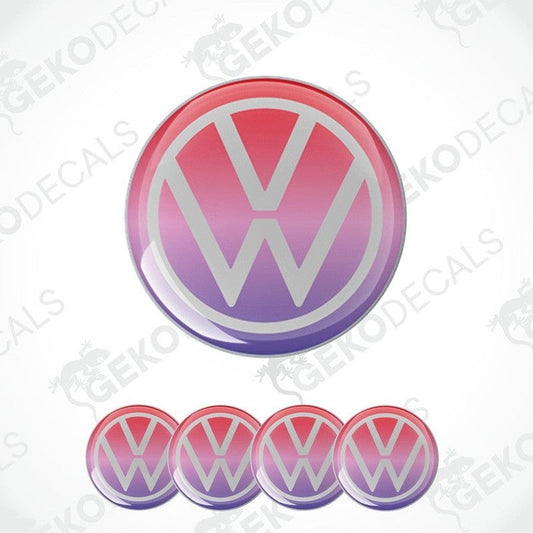 A set of four pink and white vinyl stickers with a dome shape, featuring the Volkswagen logo.