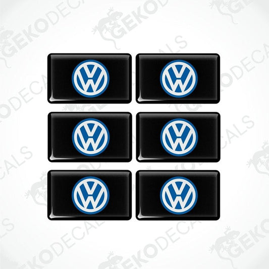 A set of six black and blue vinyl decals with the Volkswagen logo.