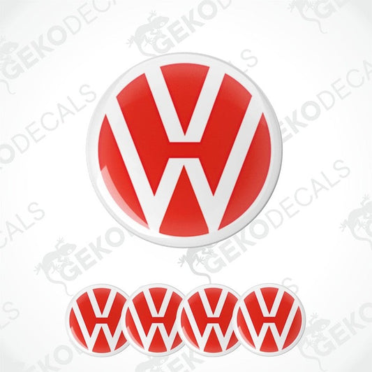 A set of four red and white vinyl stickers with a dome shape, featuring the Volkswagen logo.