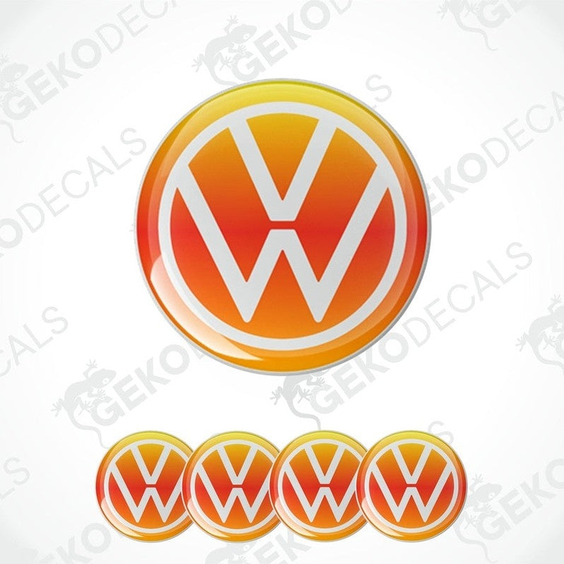 A set of four orange and white vinyl stickers with a car logo design, displayed on a white background.