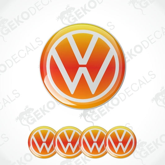 A set of four orange and white vinyl stickers with a car logo design, displayed on a white background.