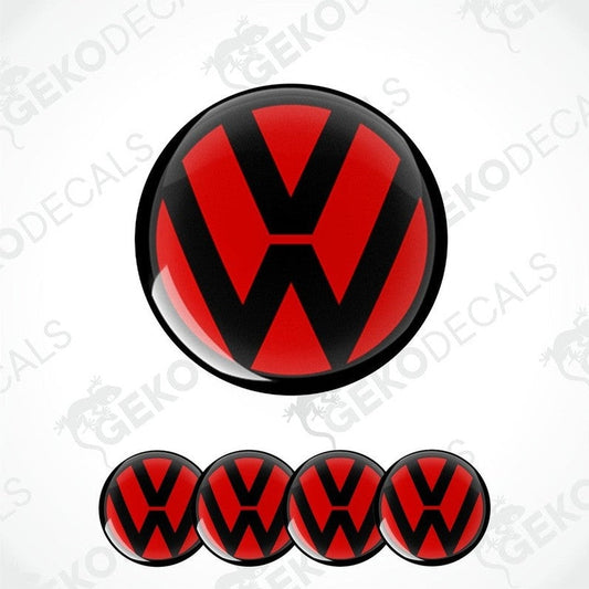A set of four red and black vinyl stickers with a dome shape, featuring the logo of the Volkswagen brand.